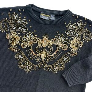Trimmings Women S Black Gold Embellished Beaded Sequin Sweater Party Elegant VTG